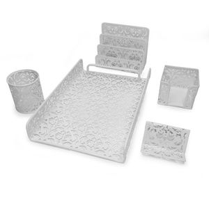 White Metal Mesh Flower Design Desk Set